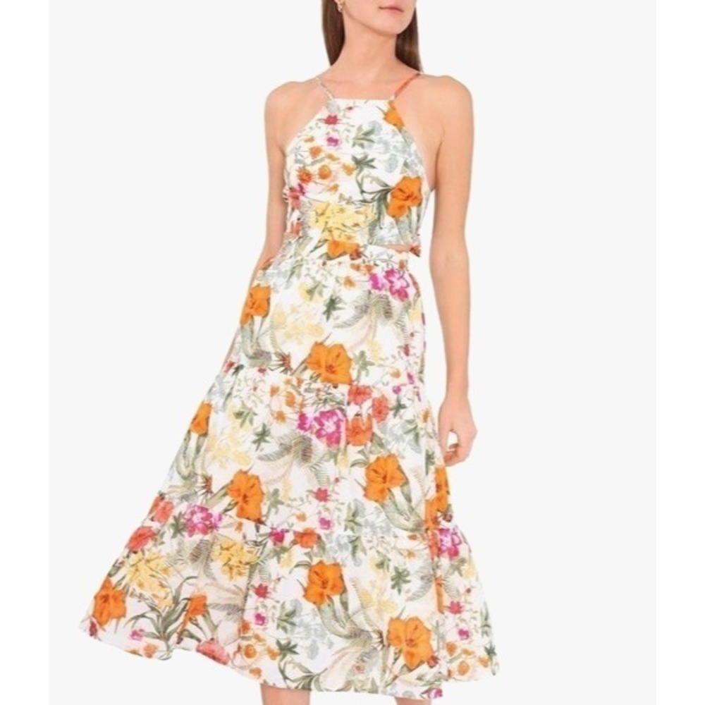 Chelsea & Violet Midi Dress Tropical Oasis Tiered Linen Blend Floral Size 10